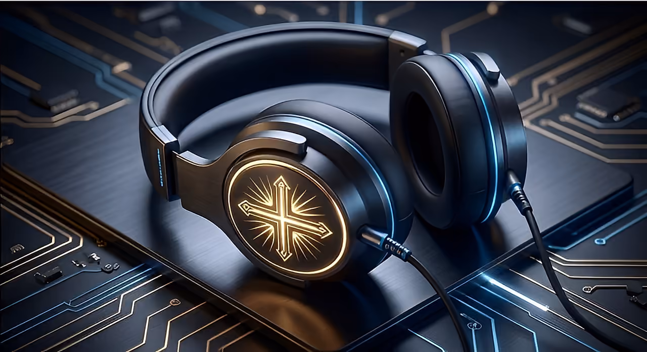 Concept render of the headset line: over-ear cups carrying a gold cross emblem, with cyan edge lighting.