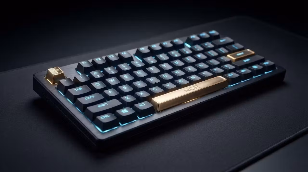 Concept render of the keyboard line: a low-profile mechanical board with gold accents and cyan backlighting.