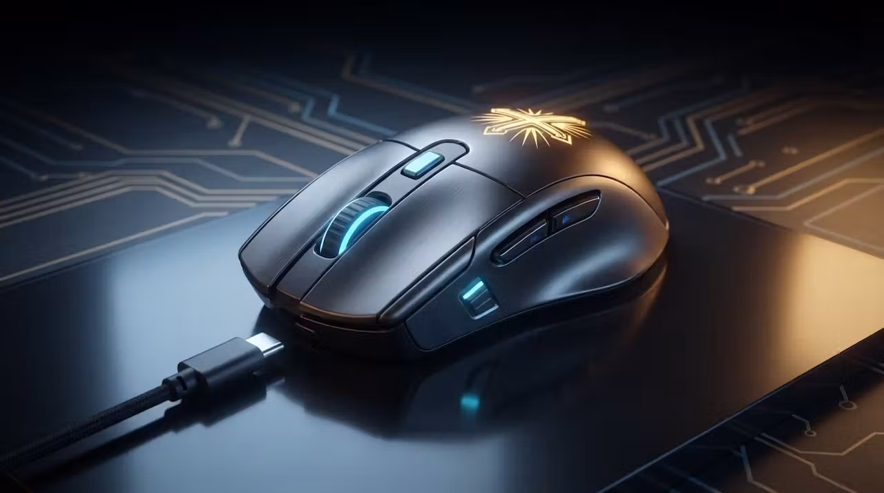 Concept render of the mouse line: a contoured gaming mouse with a gold emblem, on a circuit-pattern mat.